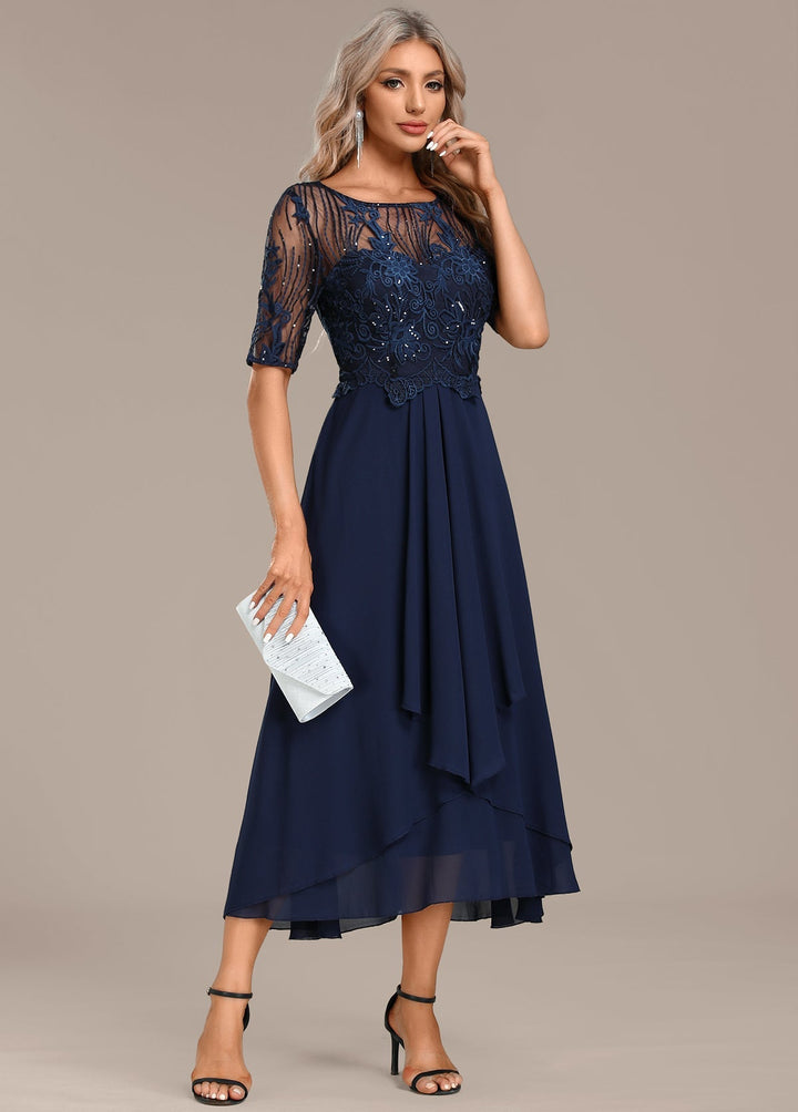 VALYSSIA – NAVY LACE SHORT SLEEVE ROUND NECK DRESS