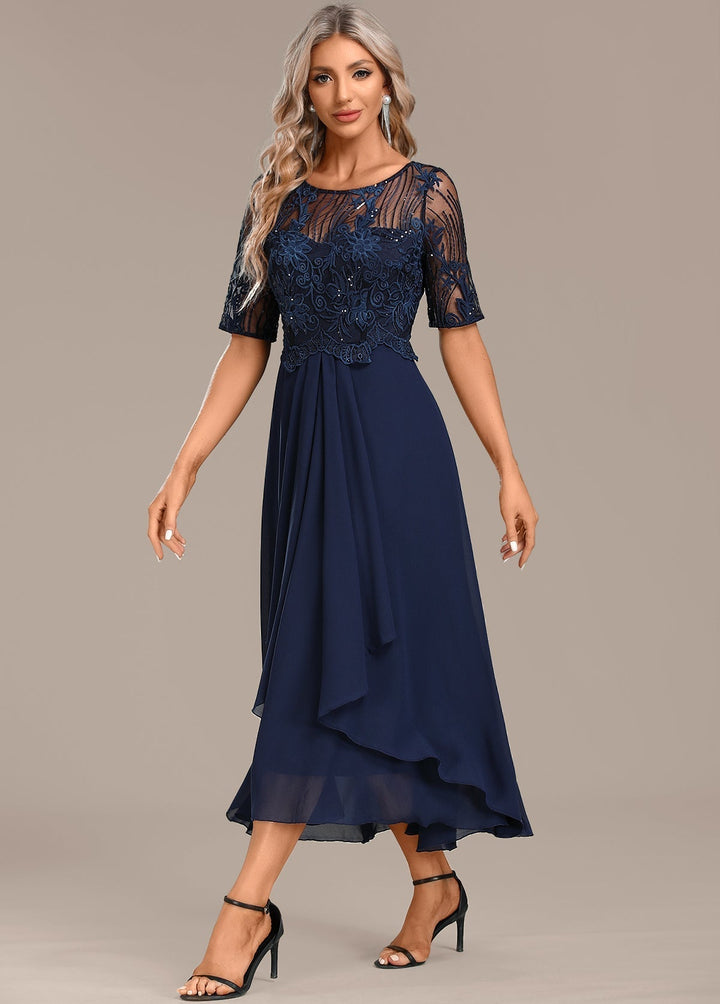 VALYSSIA – NAVY LACE SHORT SLEEVE ROUND NECK DRESS