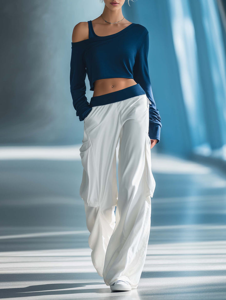 Women's Stylish Casual Dark Blue Off-the-shoulder Top And Trousers Set