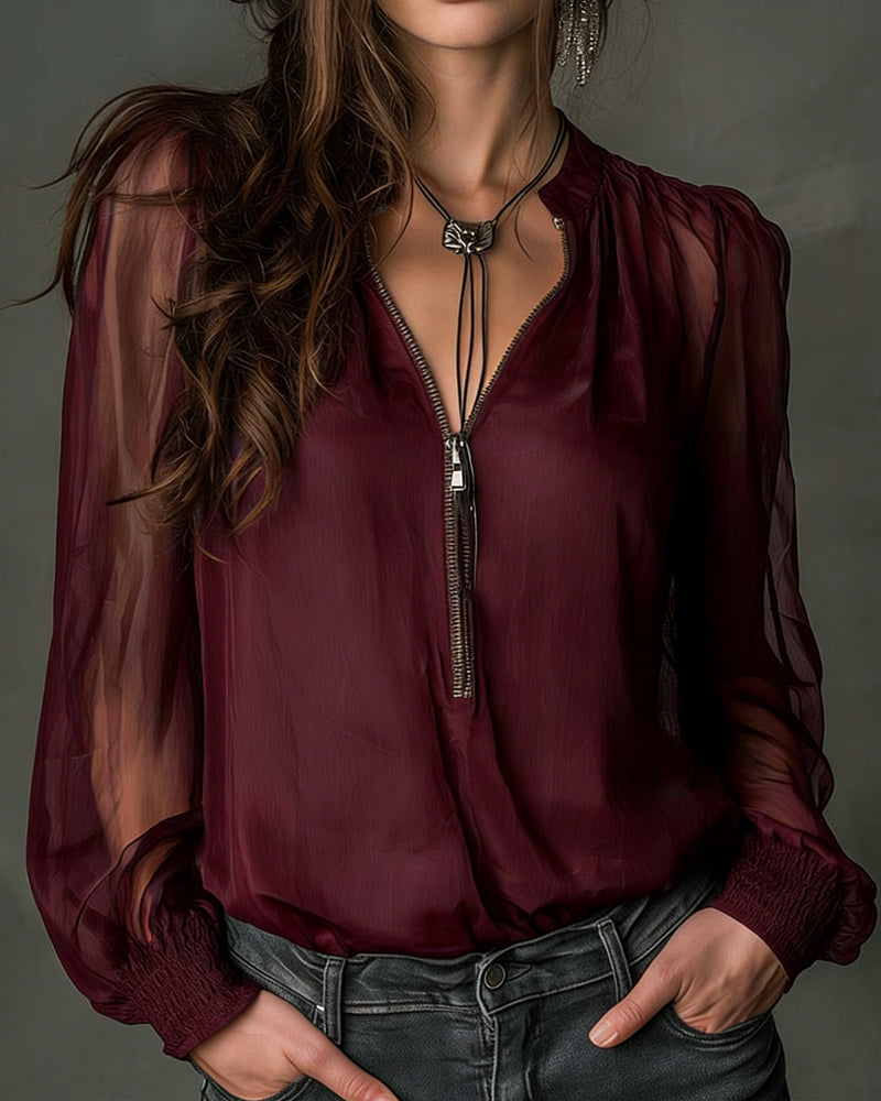 Blouse Half-Zip Mesh Long Sleeve