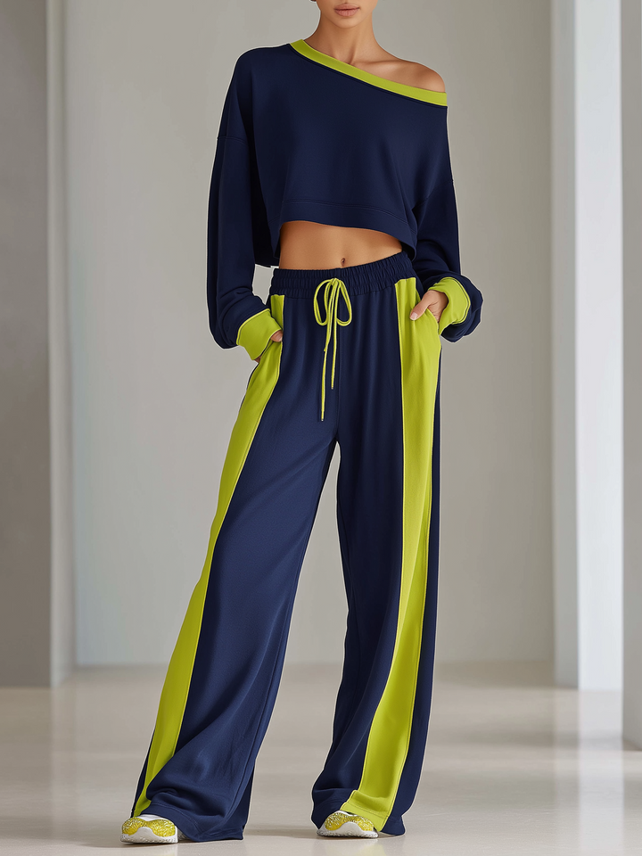 Women's Fashionable Navy Blue Color-block Off-the-shoulder Top And Wide-leg Pants Casual Set
