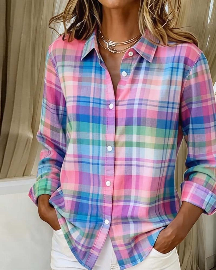 Shirt Colorful Check Print Lapel