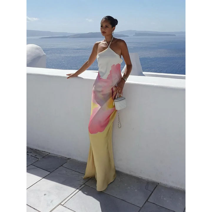 Ismena - Elegant Skew Neck Floral Maxi Dress