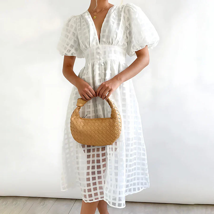 Caelis - Classic Patterned Puff Sleeve Midi Dress