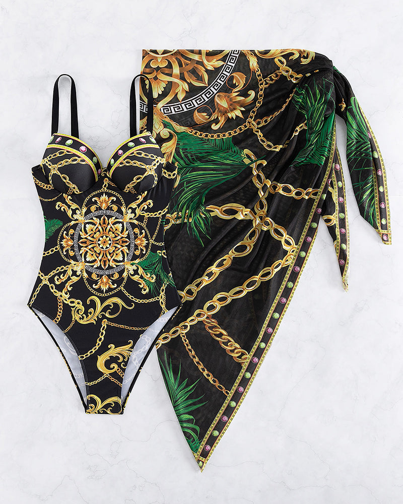 Darius - One-Piece Push-Up Swimsuit with Decorative Chain Details and Beach Skirt