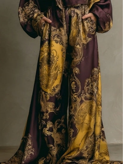 V-neck Royal Floral Print Satin Loose-Fitting Suit