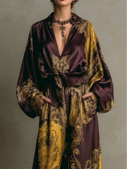 V-neck Royal Floral Print Satin Loose-Fitting Suit