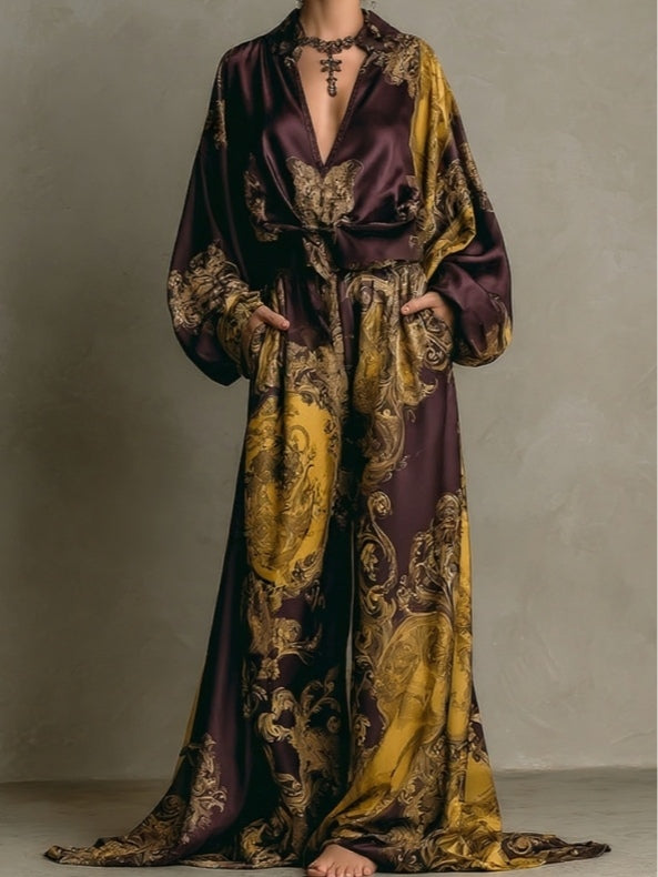 V-neck Royal Floral Print Satin Loose-Fitting Suit