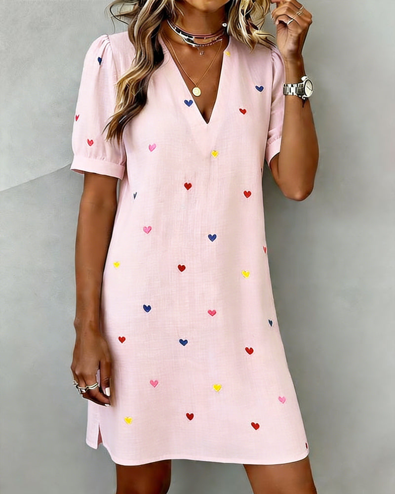 Colorful Heart Print V-Neck Dress