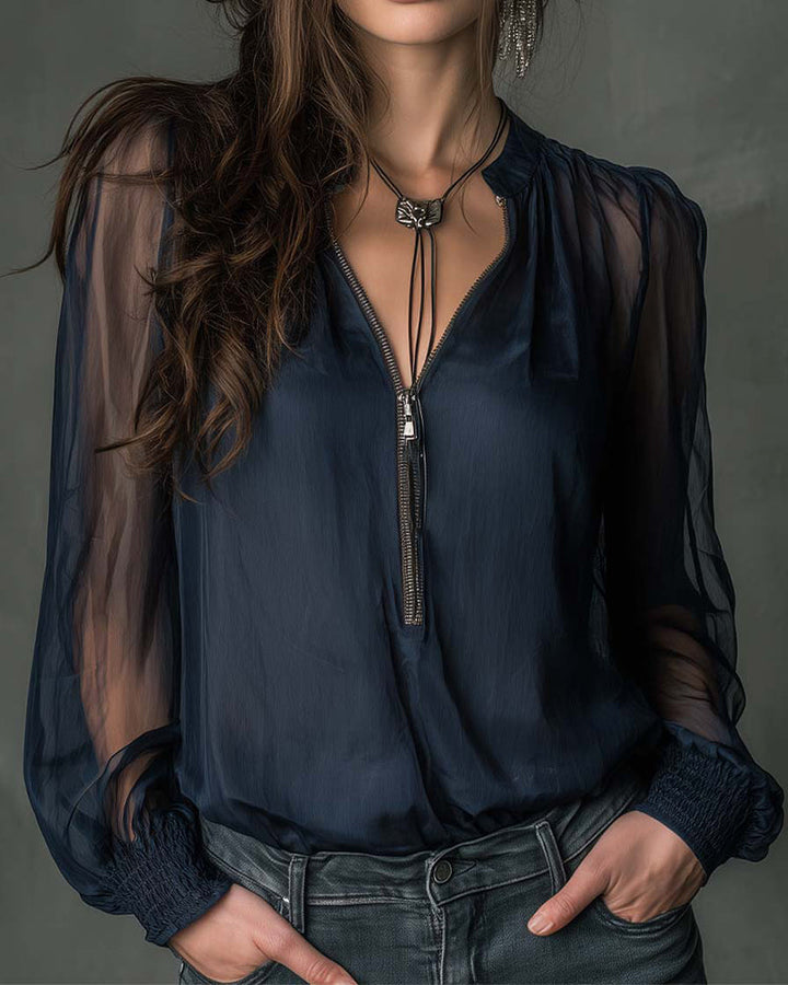 Blouse Half-Zip Mesh Long Sleeve
