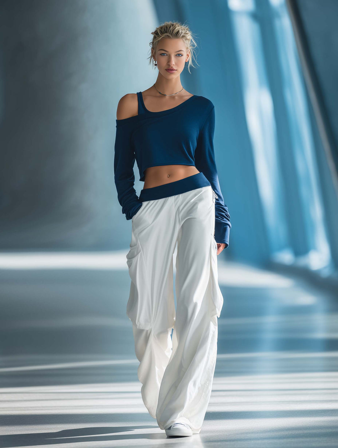 Women's Stylish Casual Dark Blue Off-the-shoulder Top And Trousers Set