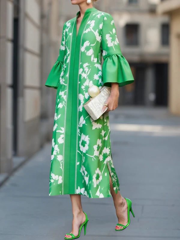 Bell Sleeve Loose Floral Print Side Slit Maxi Dress