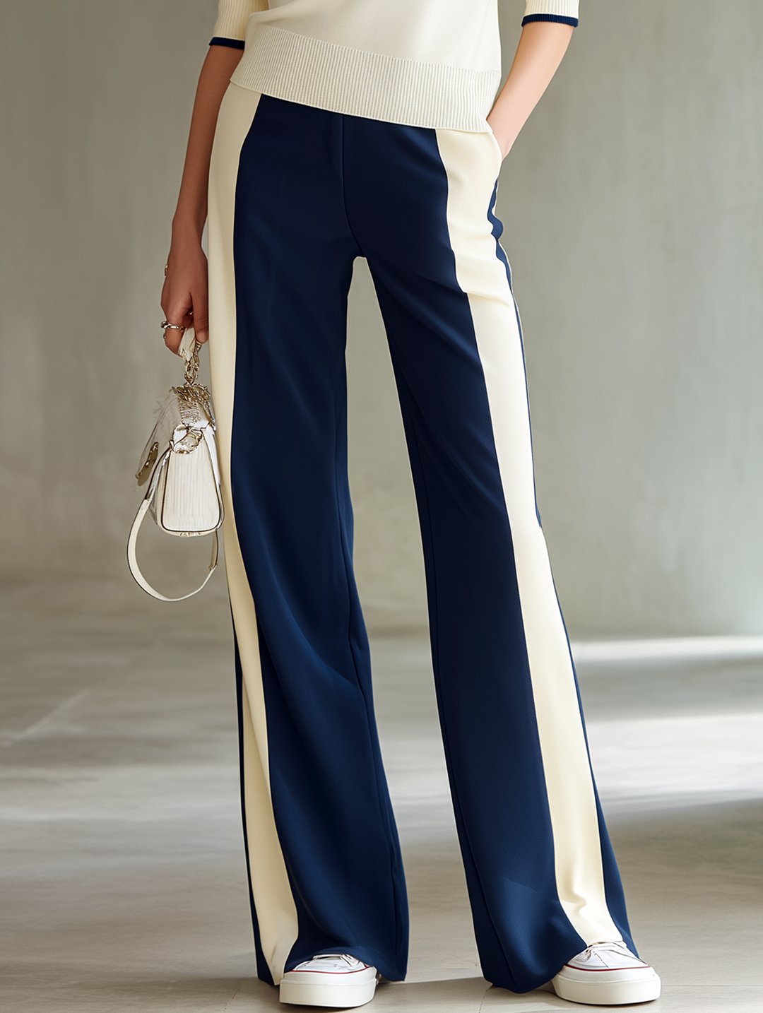Women's Off-white Polo Neck Knitted Top And Contrasting Wide-leg Pants Set