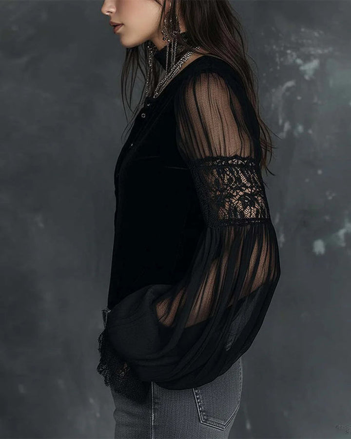 Blouse Button-Down V-Neck Puff Sleeve