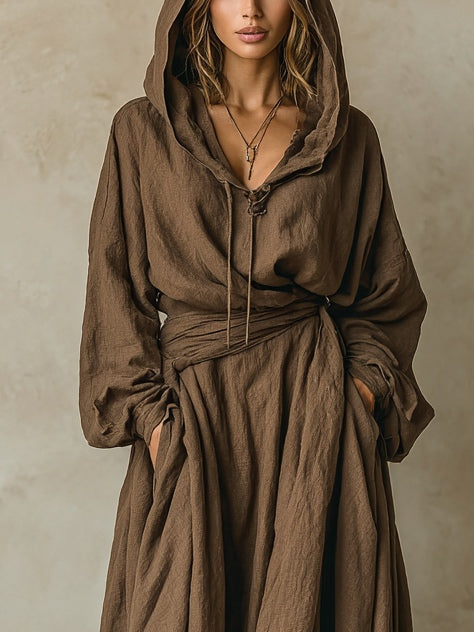 Brown Faux Cotton Linen Hooded Loose Maxi Dress