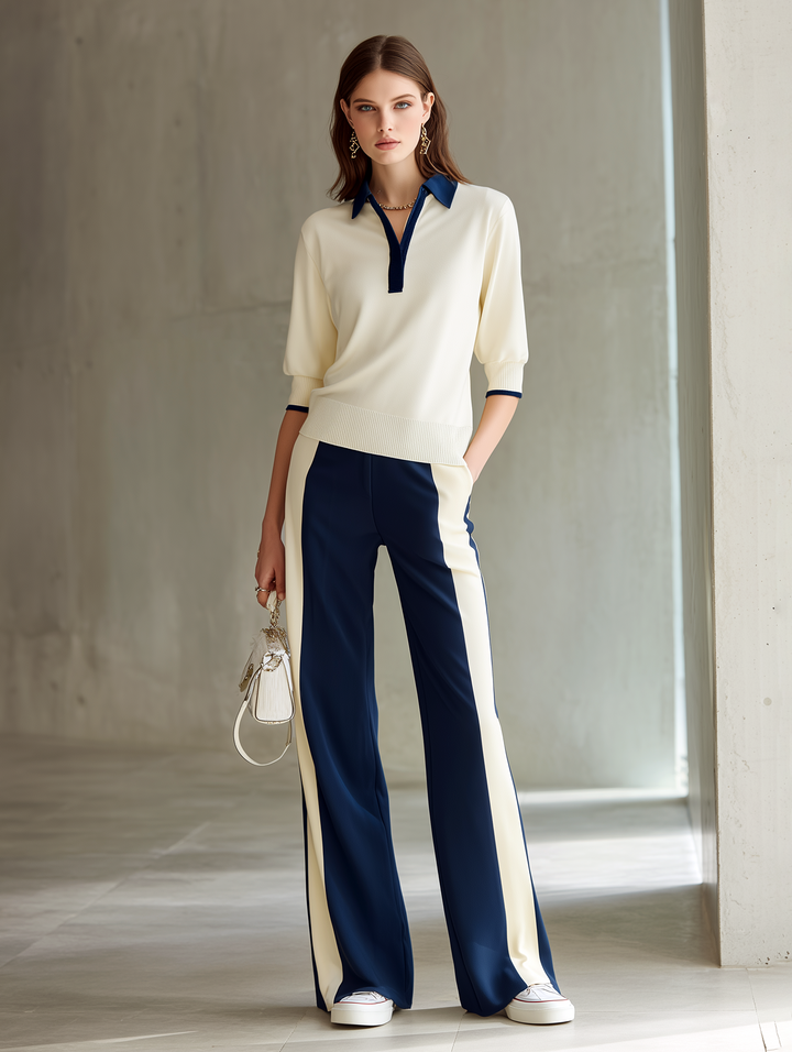 Women's Off-white Polo Neck Knitted Top And Contrasting Wide-leg Pants Set
