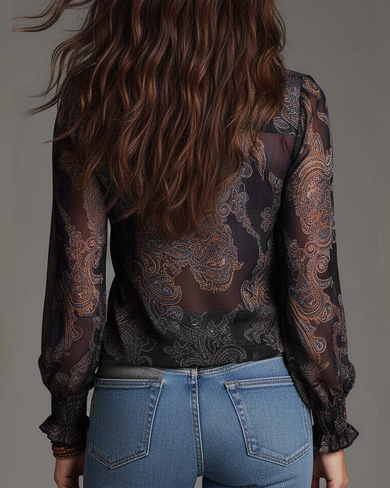 Blouse Half-Zip Ruffle Retro