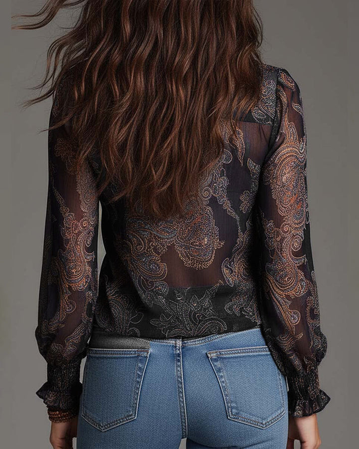 Blouse Half-Zip Ruffle Retro