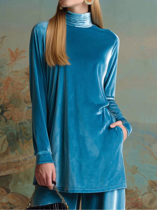 High Neck Blue Velvet Loose Casual Set