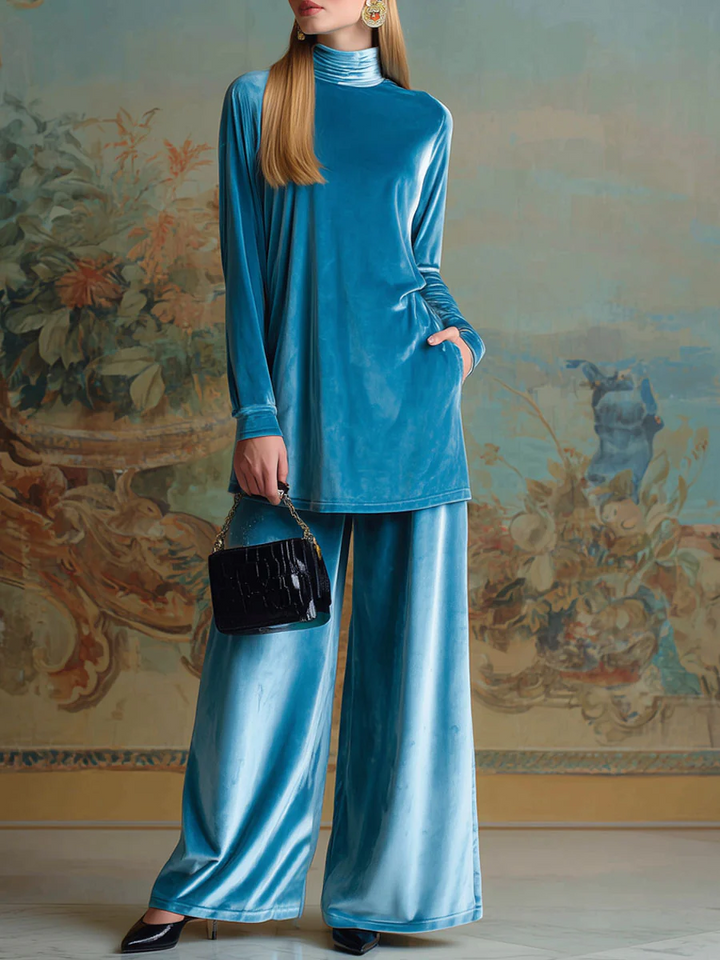 High Neck Blue Velvet Loose Casual Set