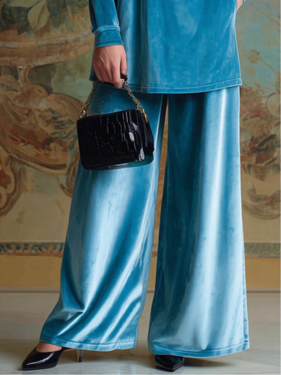 High Neck Blue Velvet Loose Casual Set