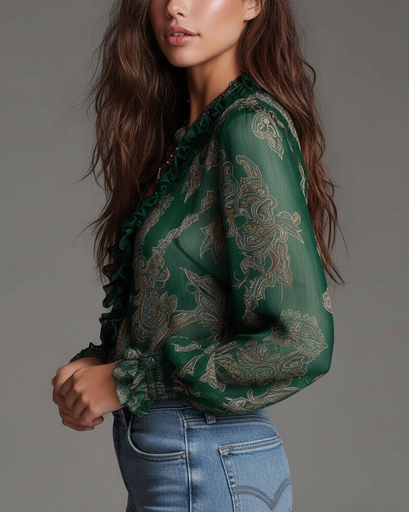 Blouse Half-Zip Ruffle Retro