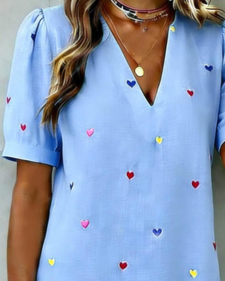 Colorful Heart Print V-Neck Dress