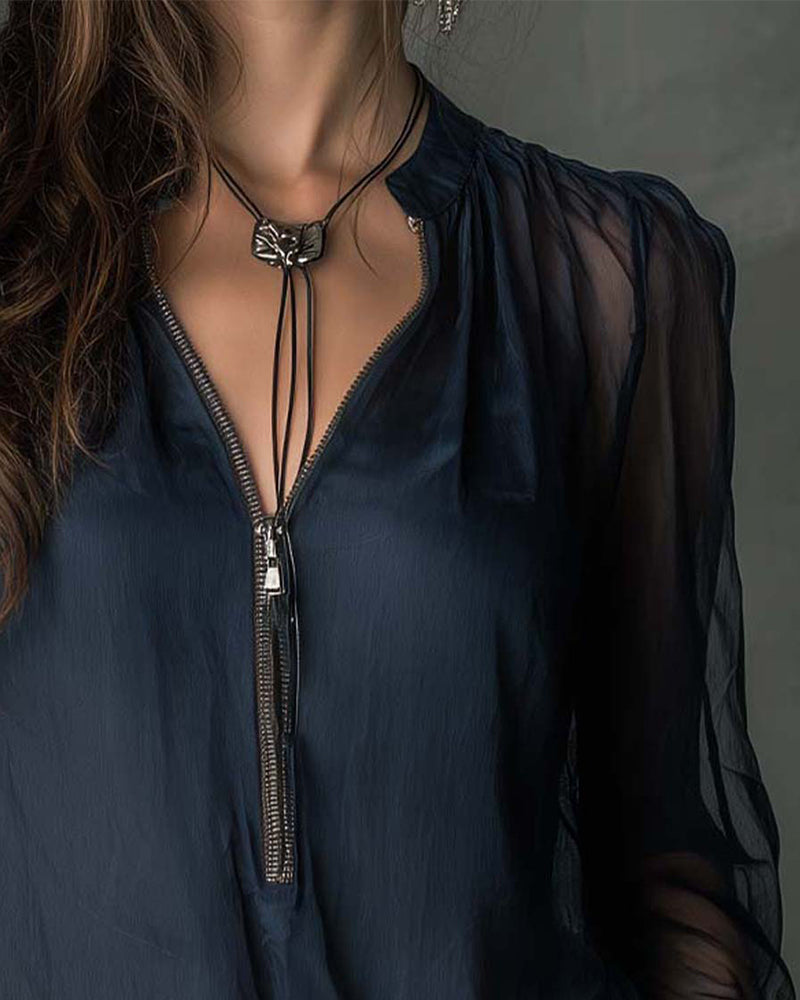 Blouse Half-Zip Mesh Long Sleeve