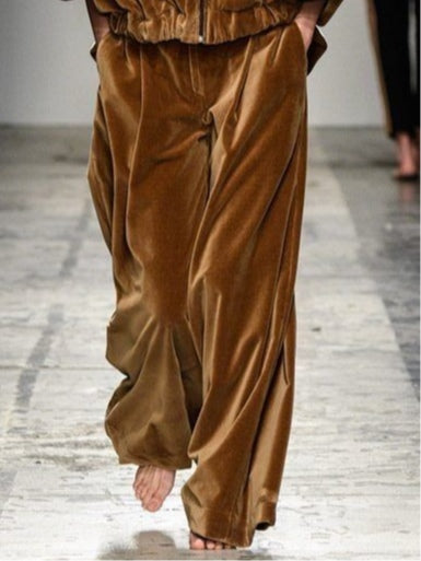 Brown Velvet Zip-Up Hooded Sweatshirt and Trousers Set