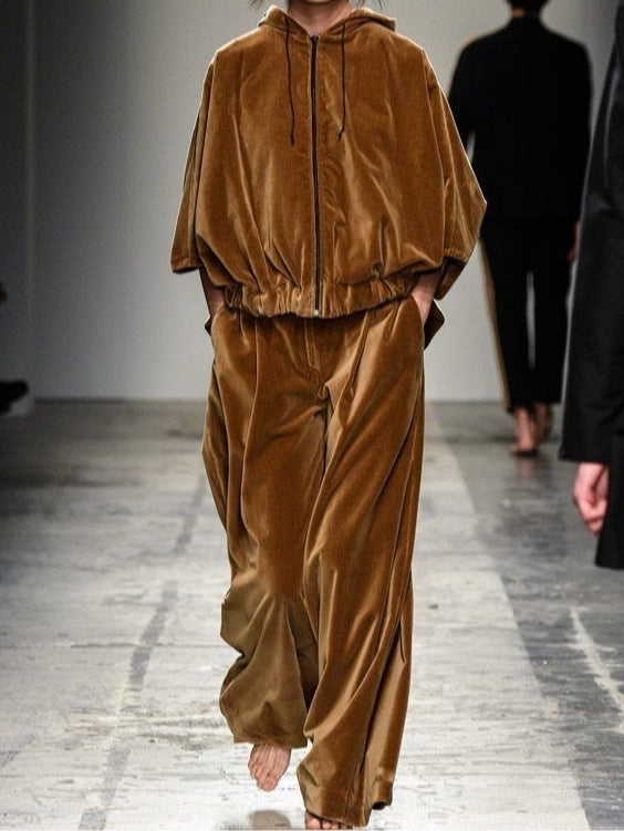 Brown Velvet Zip-Up Hooded Sweatshirt and Trousers Set