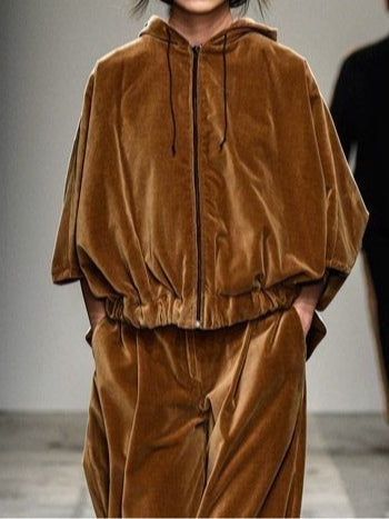 Brown Velvet Zip-Up Hooded Sweatshirt and Trousers Set