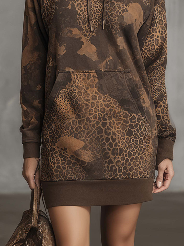 Brown Camo Leopard Print Hoodie Mini Dress