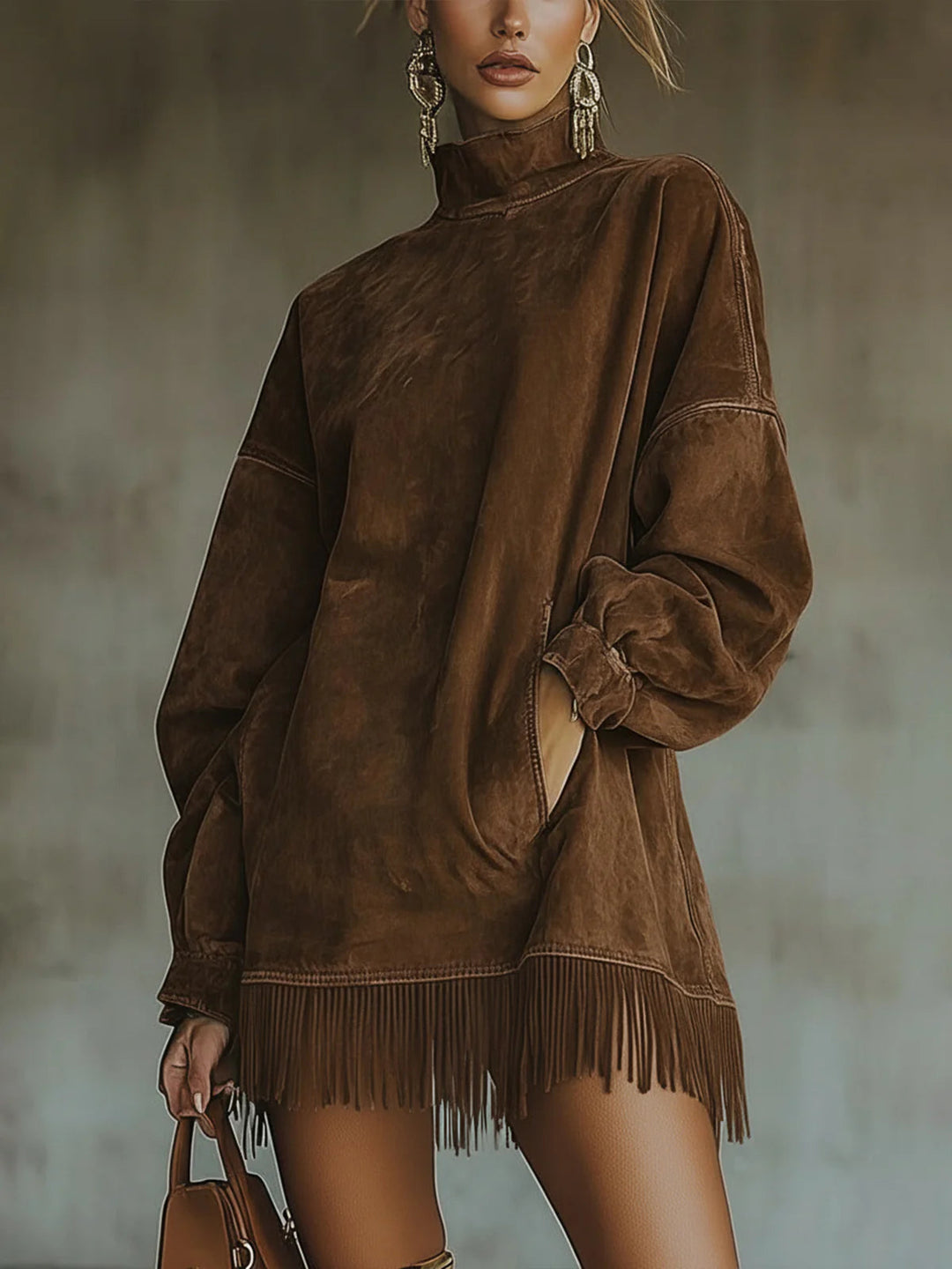 Mara | Suede Dress with High Neck and Fringe