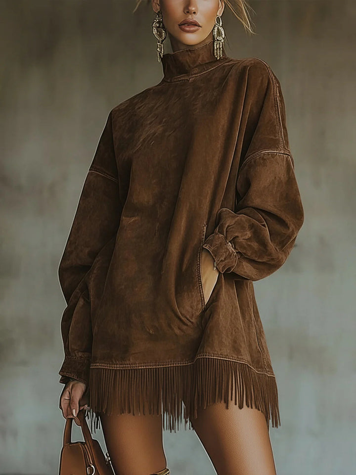 Mara | Suede Dress with High Neck and Fringe