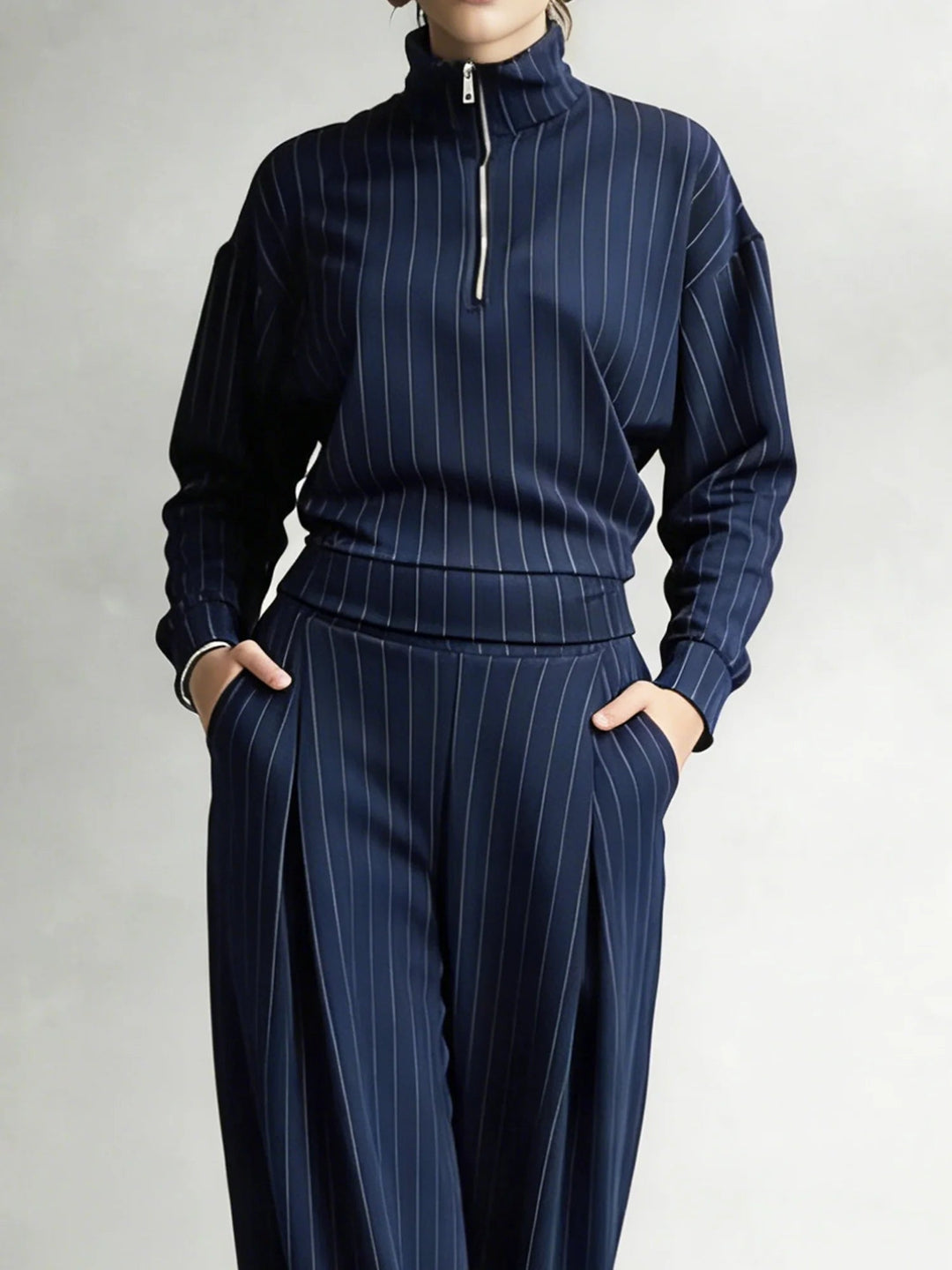 Casual Striped Zip-up Turtleneck Set