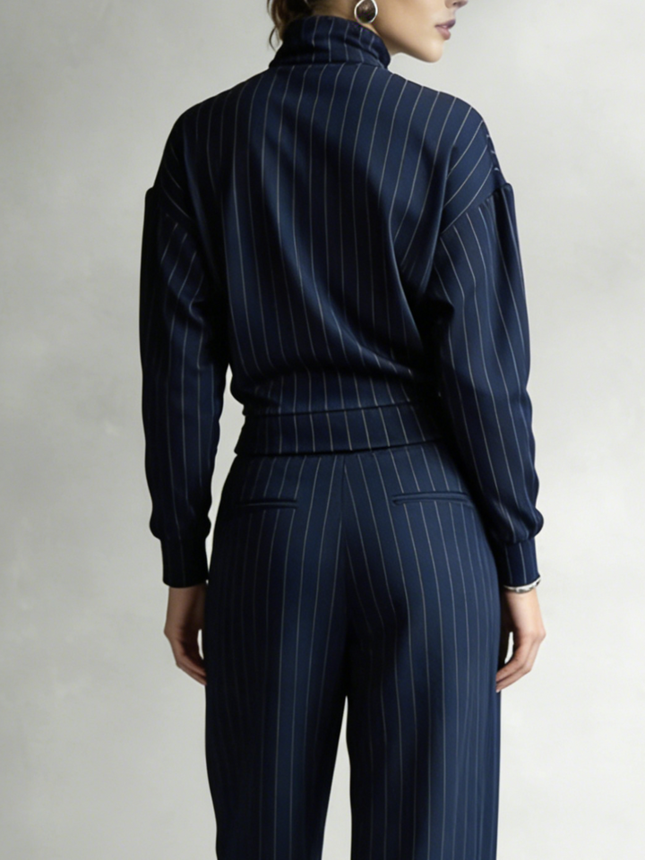Casual Striped Zip-up Turtleneck Set