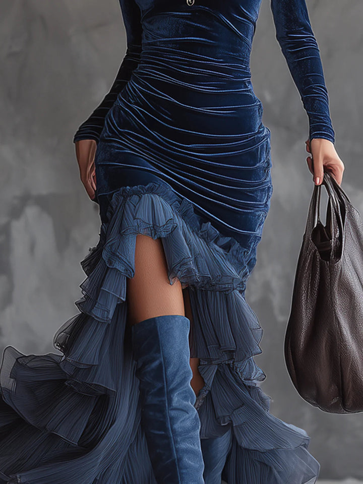 Dark Blue Velvet Pleated Ruffled Maxi Dress