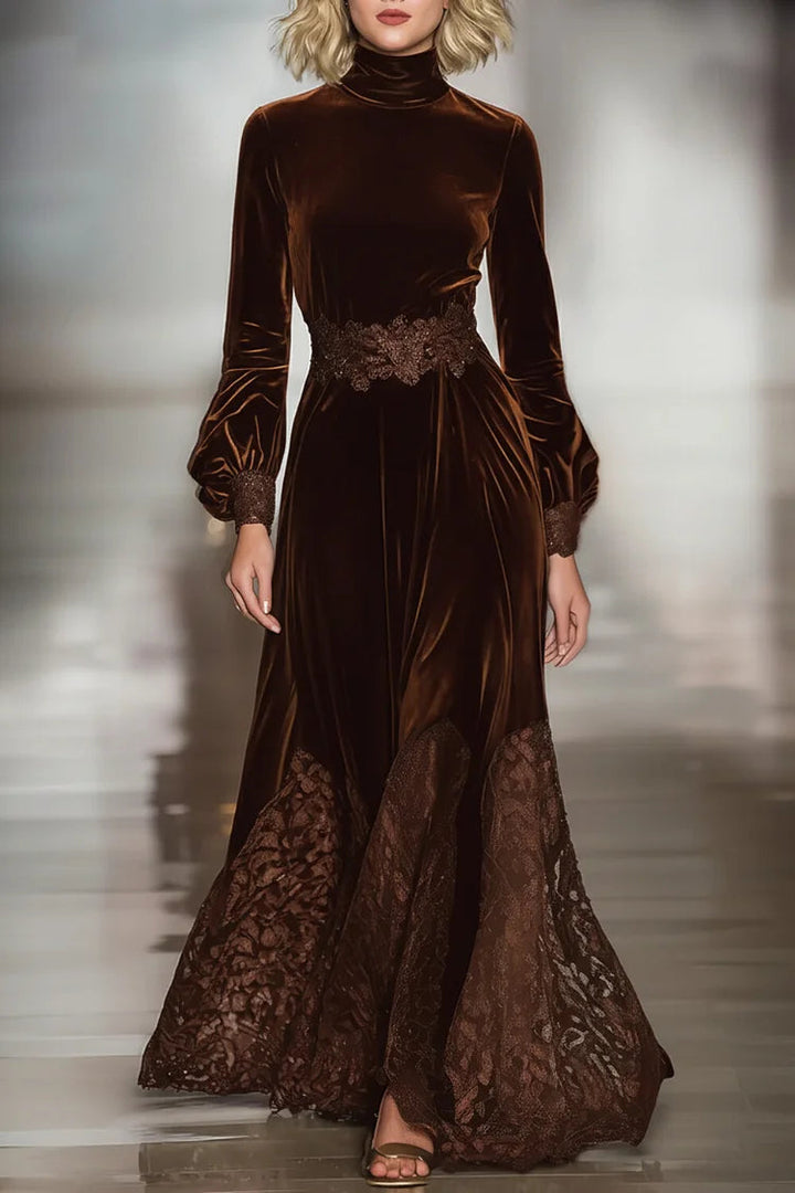 Isabella | Maxi Velvet Dress with High Neck and Balloon Sleeves in Patchwork Lace