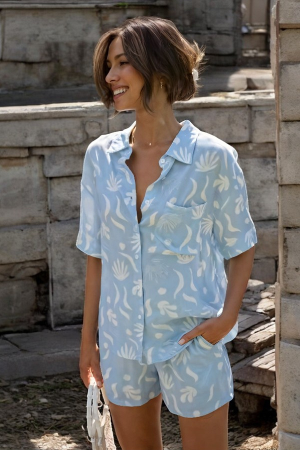 RAVELLE – TRENDY TURN DOWN COLLAR SHIRT AND SHORT SET