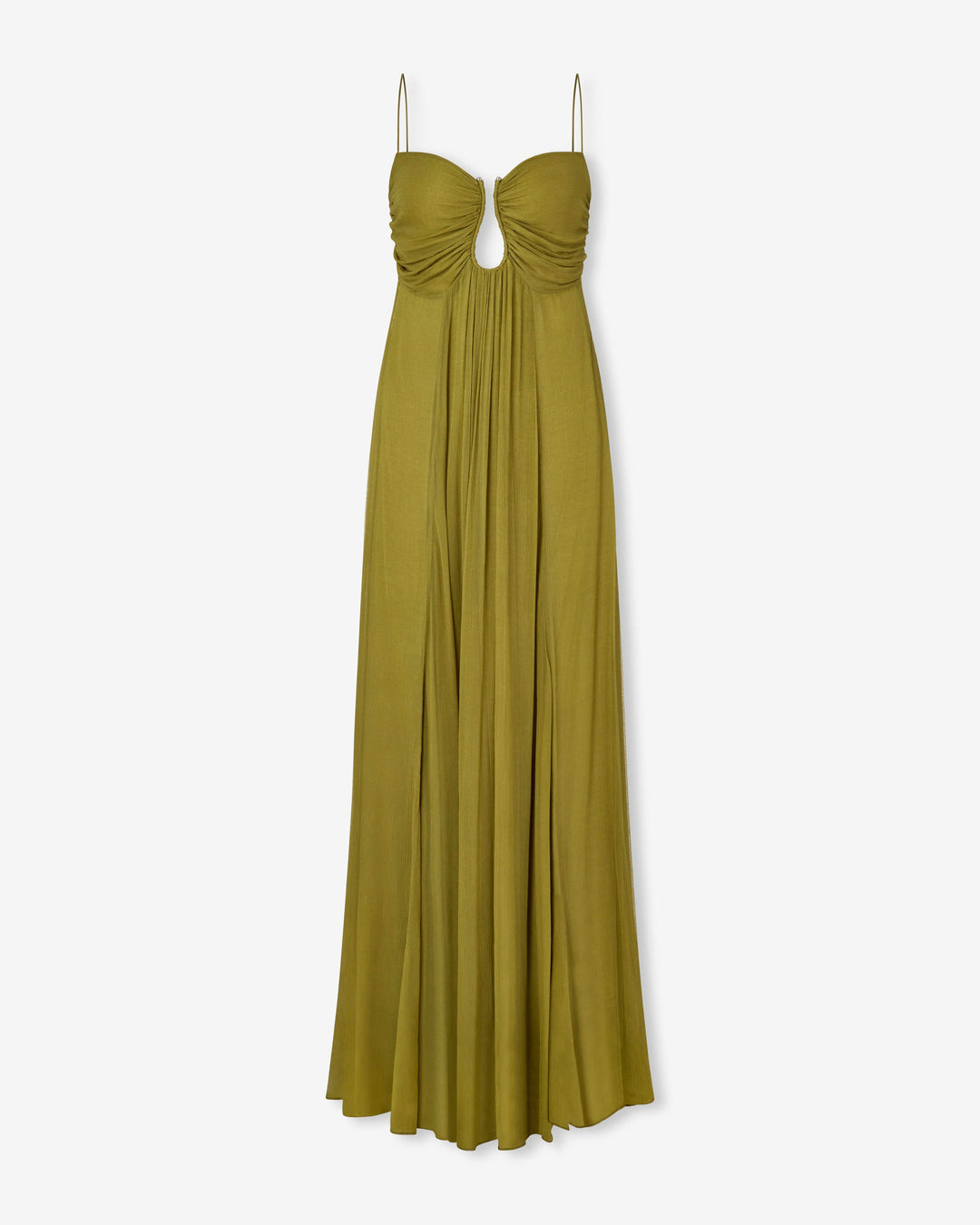 KORA – SUN-WASHED OLIVE RUCHED MAXI DRESS