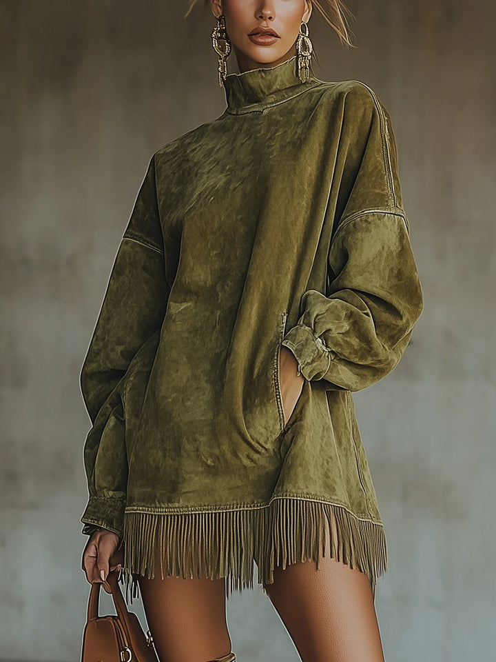 Mara | Suede Dress with High Neck and Fringe