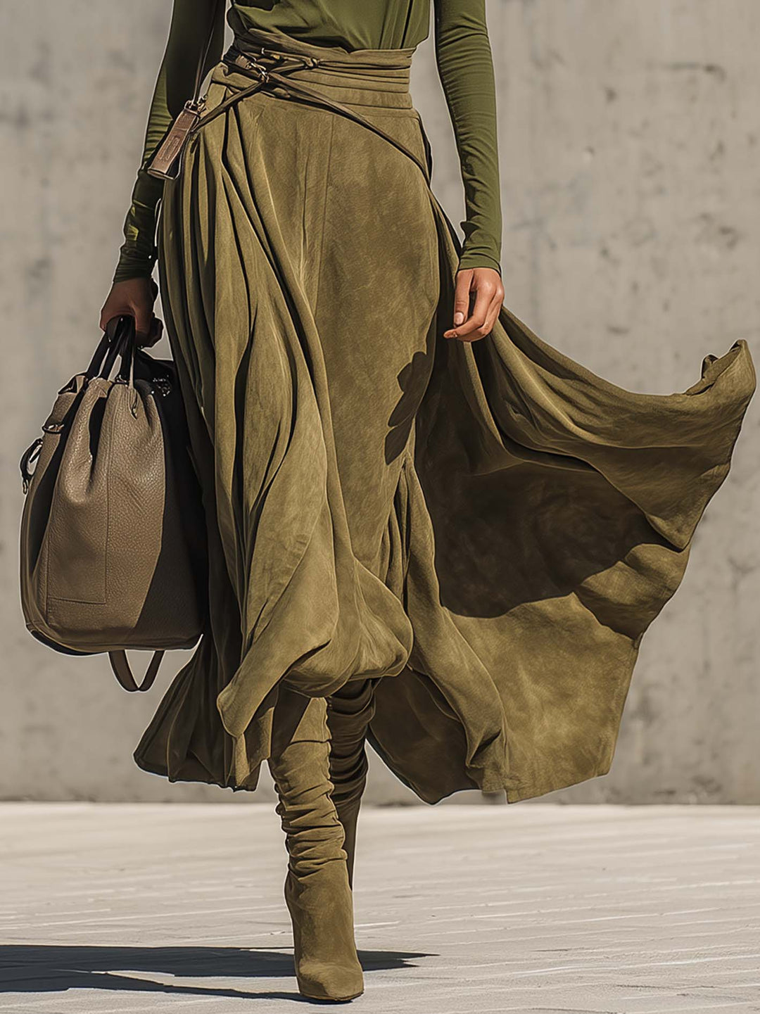 Olive Green Stretch Turtleneck Top And Faux Suede Maxi Skirt Set (Includes belt)