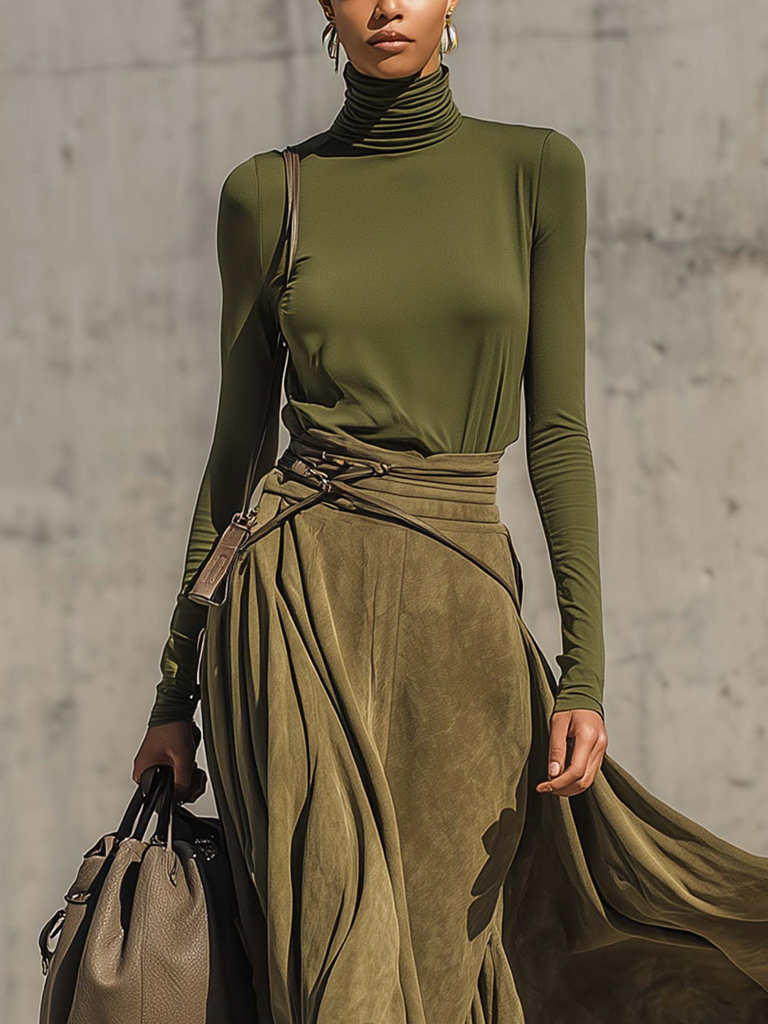 Olive Green Stretch Turtleneck Top And Faux Suede Maxi Skirt Set (Includes belt)