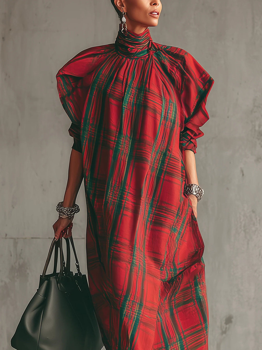 Red Plaid Loose Fitting Short-Sleeved Long Dress