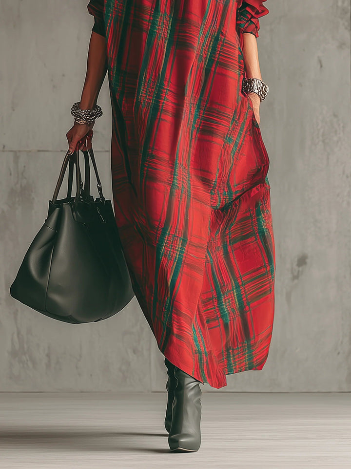 Red Plaid Loose Fitting Short-Sleeved Long Dress