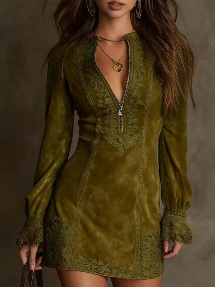 Short Suede Dress with Lace Feminine & Sophisticated