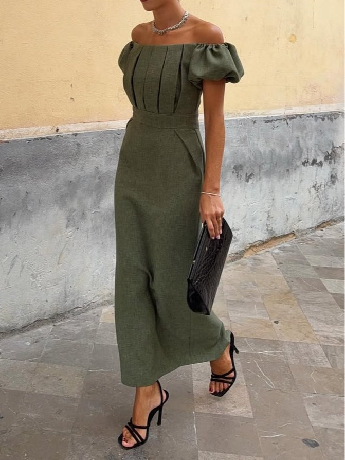 Elegant One Shoulder Puff Sleeve Pleated Dress