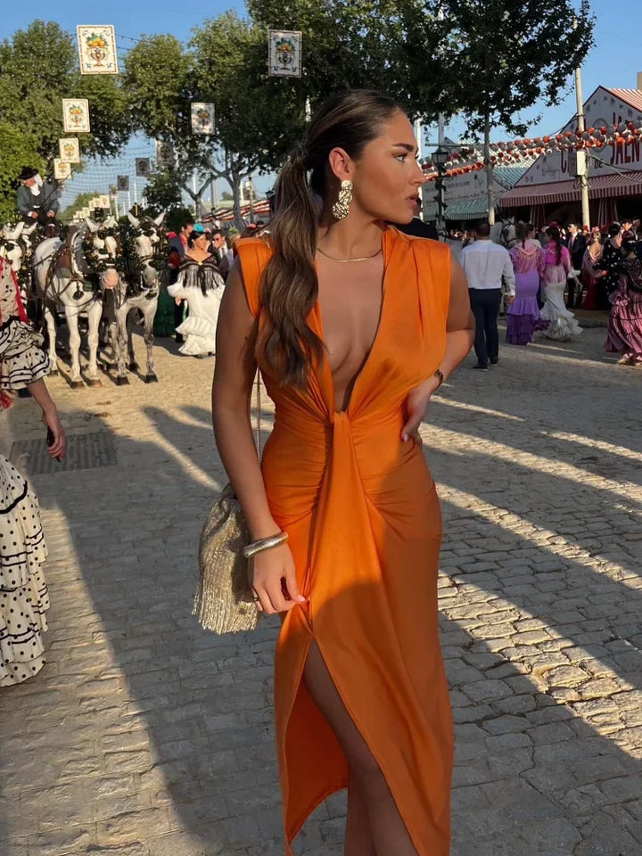 ZEYTHANA – SUNSET RUCHED V-NECK DRESS