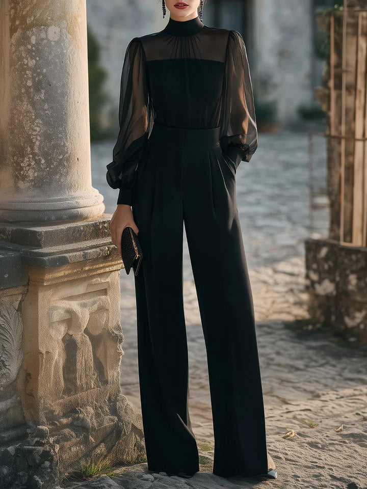 Sheer Lantern Sleeve High Neck Wide Leg Jumpsuit
