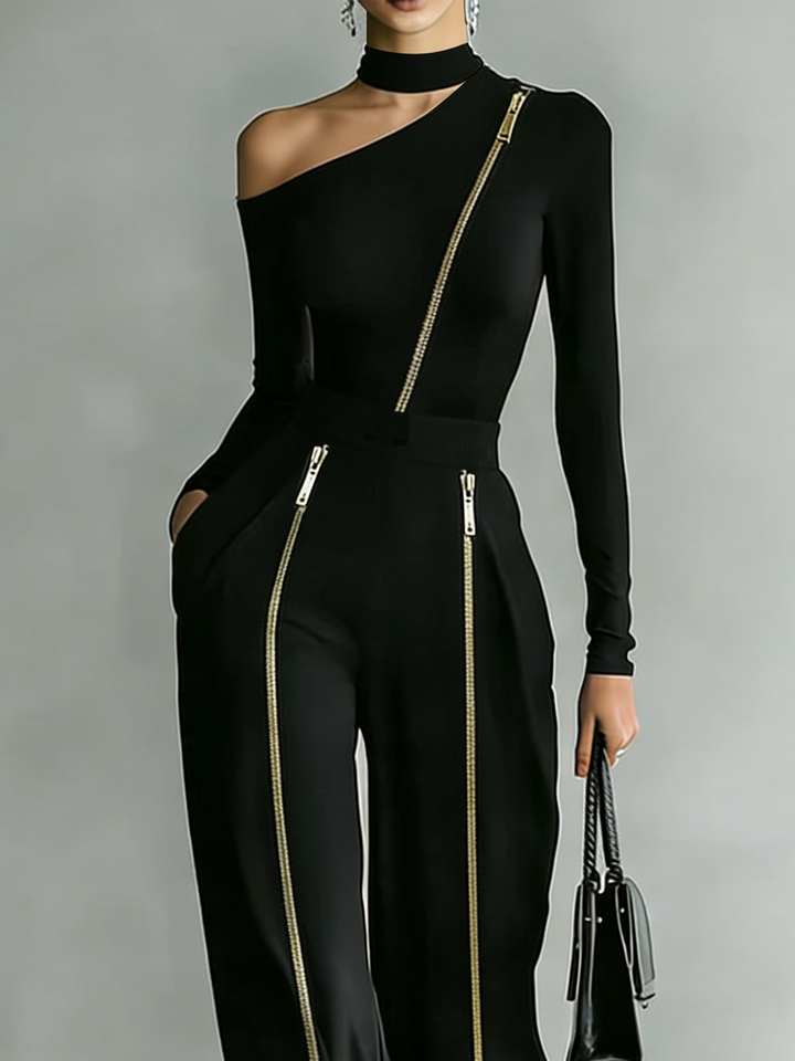 Urban Minimalist Irregular Off Shoulder Zipper Set